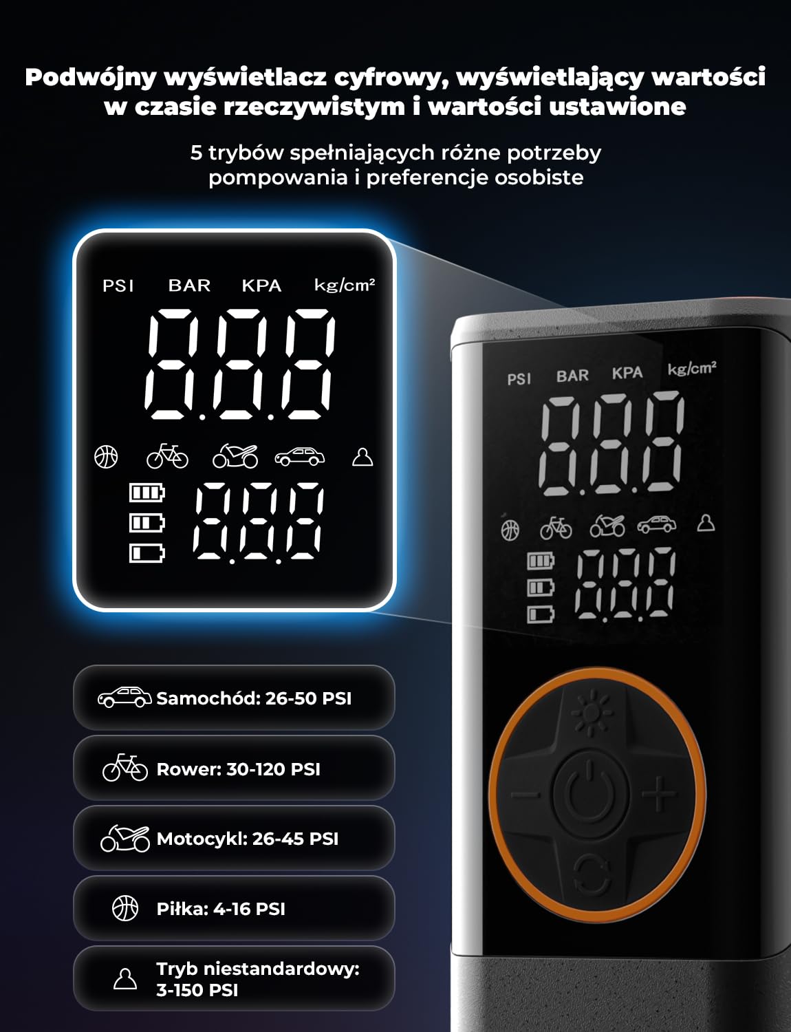 Oasser Przenośna Pompa 6000mAh z Podwójnym Wyświetlaczem Preset Pressure AutoStop 150PSI Do Opony/Rower/Motocykl 3M Kabel do Zapalniczki i Torba
