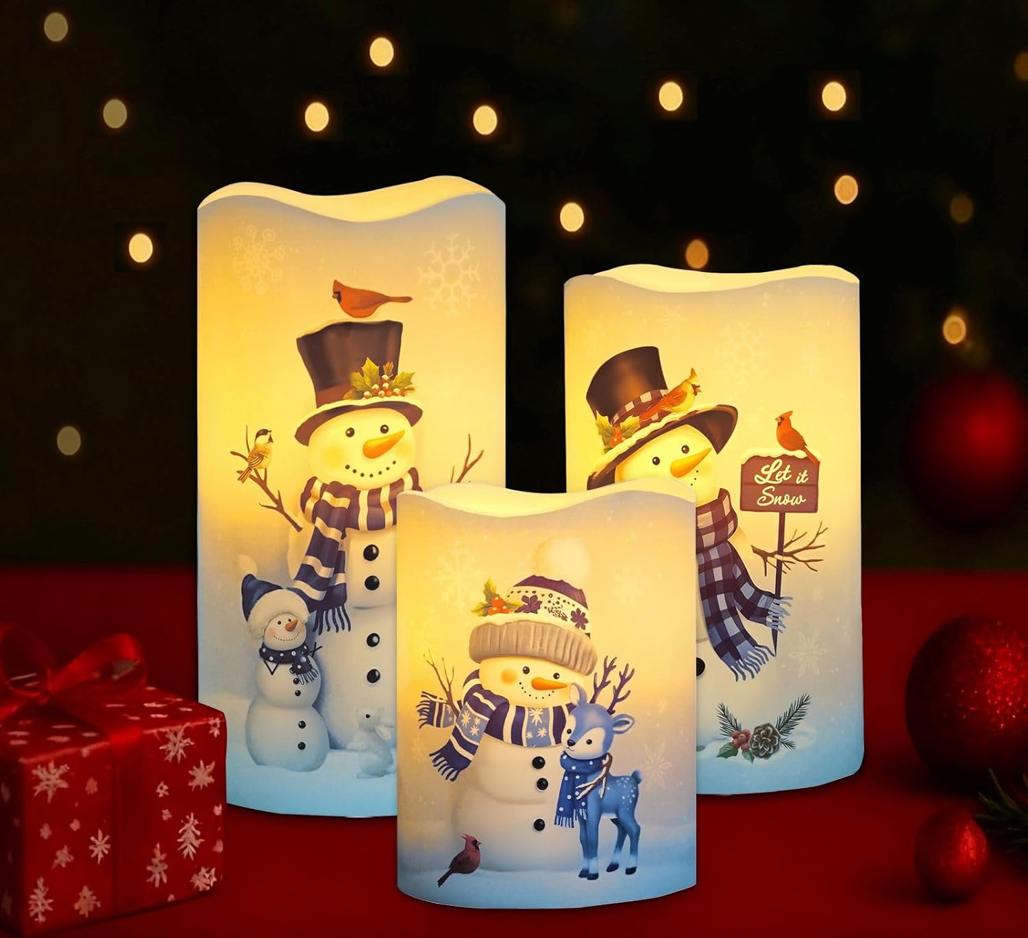 Blue Christmas Snowman Flickering Flameless Candles Set of 3, Battery Operated Candles, Real Wax Electric Pillar LED Candles for Christmas Decoration, Ideal Christmas Gift, D3 x H4 5" 6"