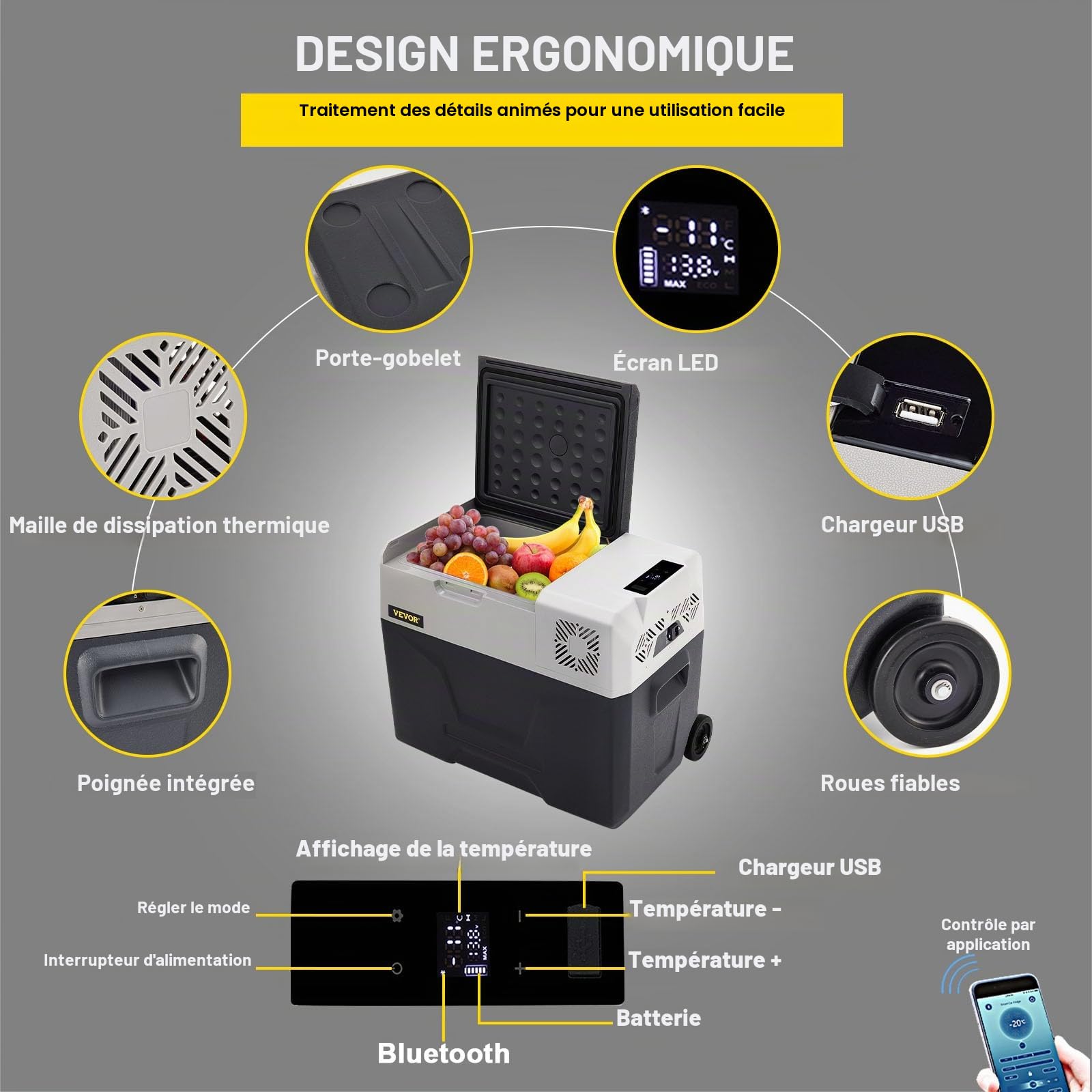 VEVOR Glacière Congélateur Voiture 40 L Portable Mini Frigo Silencieux 220V avec Panneau Numérique -20 à 20℃ pour Maison, Voiture et Camping