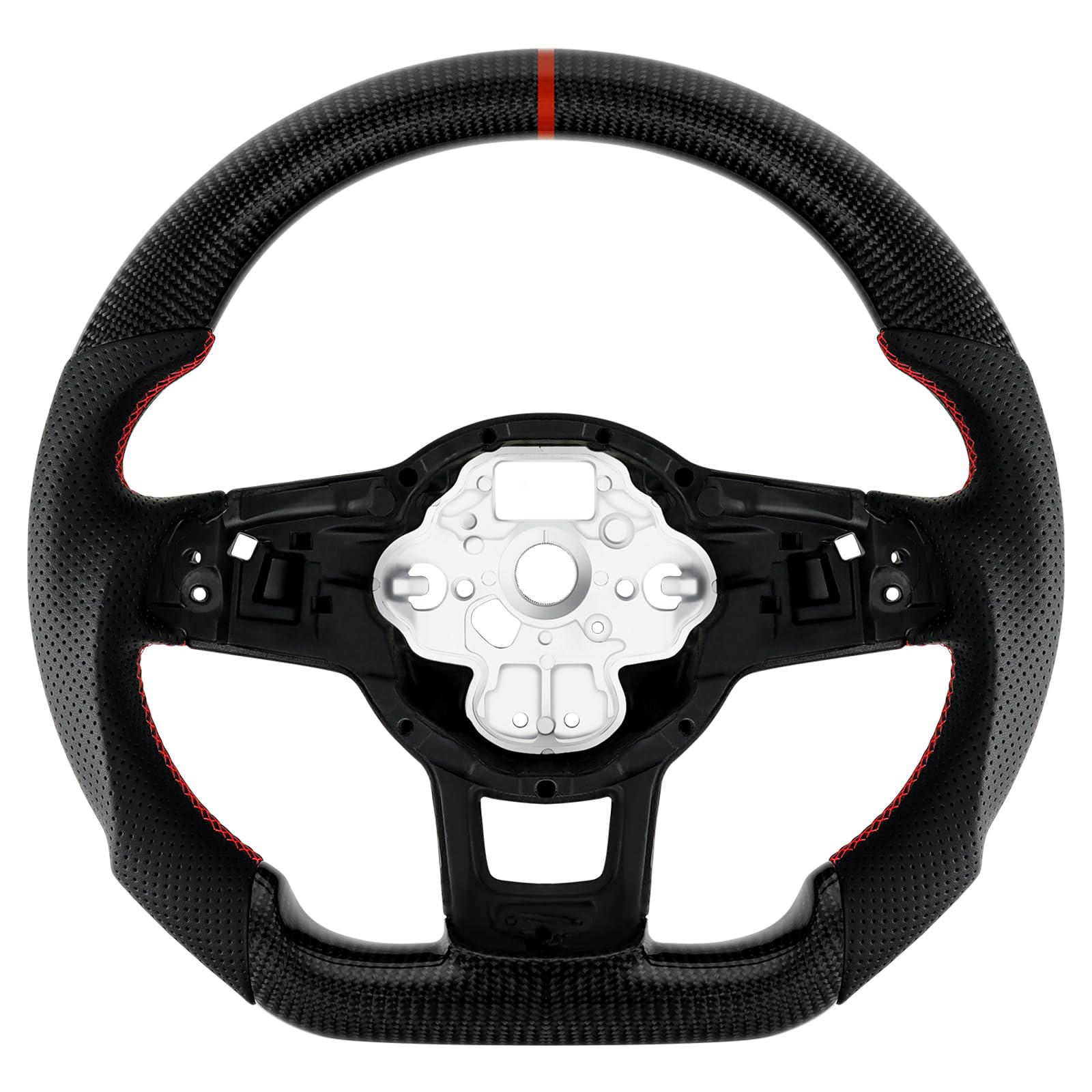 Volant en cuir en fibre de carbone avec fond plat et coutures rouges, poignée en cuir perforé pour VW Volkswagen Golf MK7 GTI/R 2015-2019