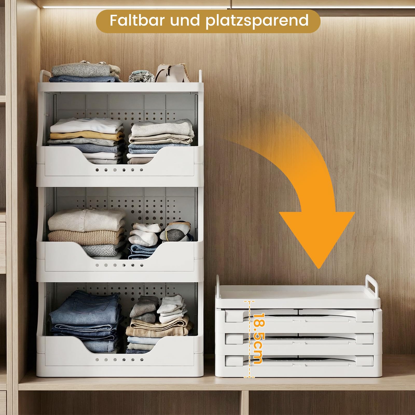DEANIC Faltbar Küchenwagen mit Rollen, 3 Ebenen Rollwagen Klappbar mit Ablageplatte, Aufbewahrungswagen PP Kunststoff mit Griffen, Servierwagen für Küche, Büro, Bücherwagen Faltbar (Weiß)