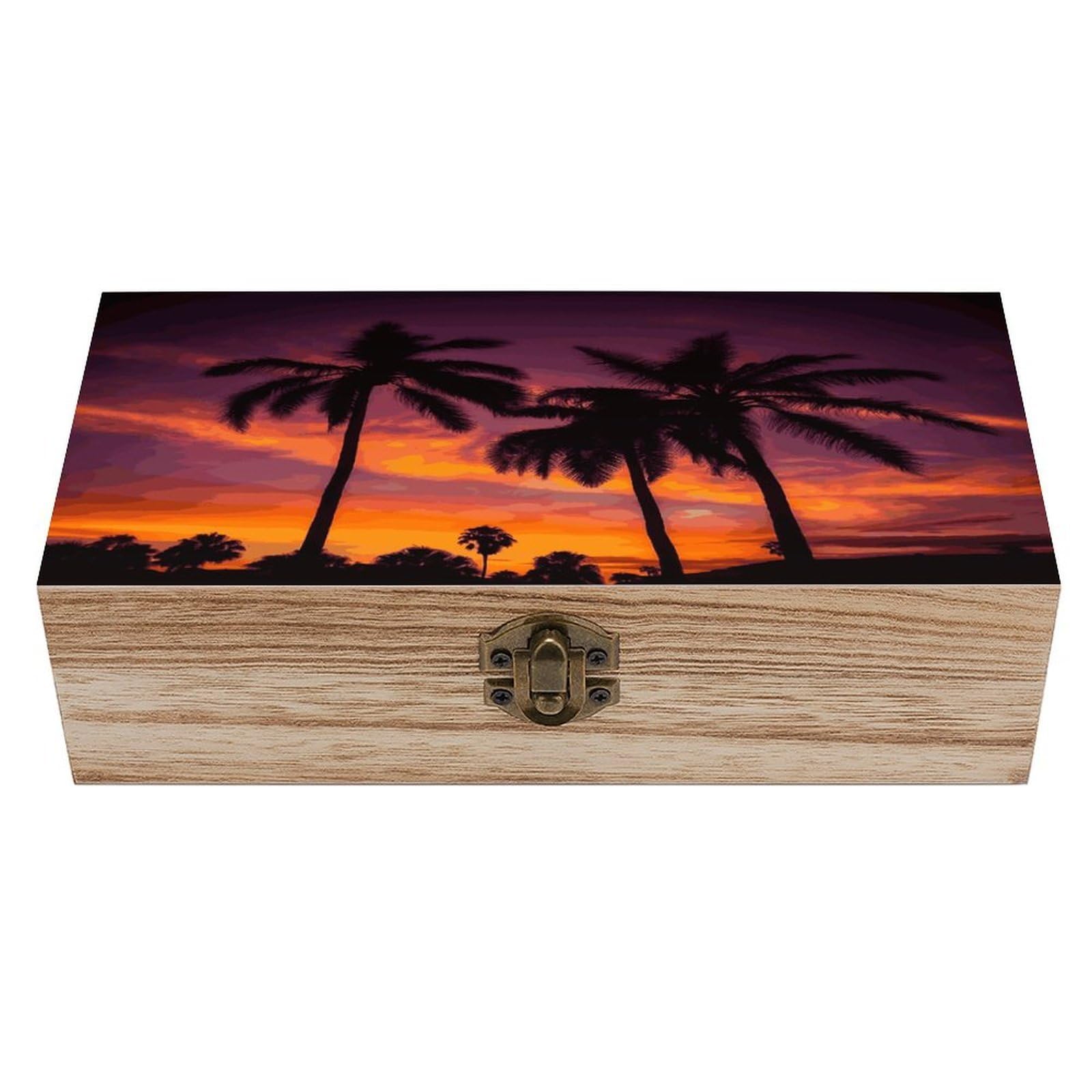 FekiLoot Palm Tree Sunset Wooden Storage Box Rustic Jewelry Box with Hinged Lid Large Jewelry Storage Case Beautifully Keepsake Boxes Unique Gift Ideas for Men & Women