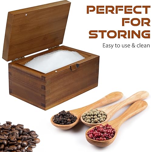Miniatura 3 de Caja de sal de madera de bodega con tapa abatible, 5.7 x 3.4 x 3 pulgadas, 20 onzas, gran espacio de almacenamiento, madera de acacia natural,