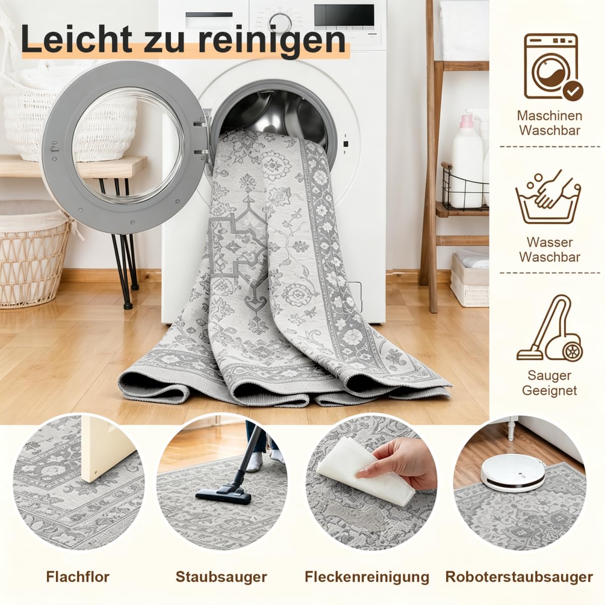 Waschbarer Teppich Wohnzimmer,Silbergrau,140x200cm