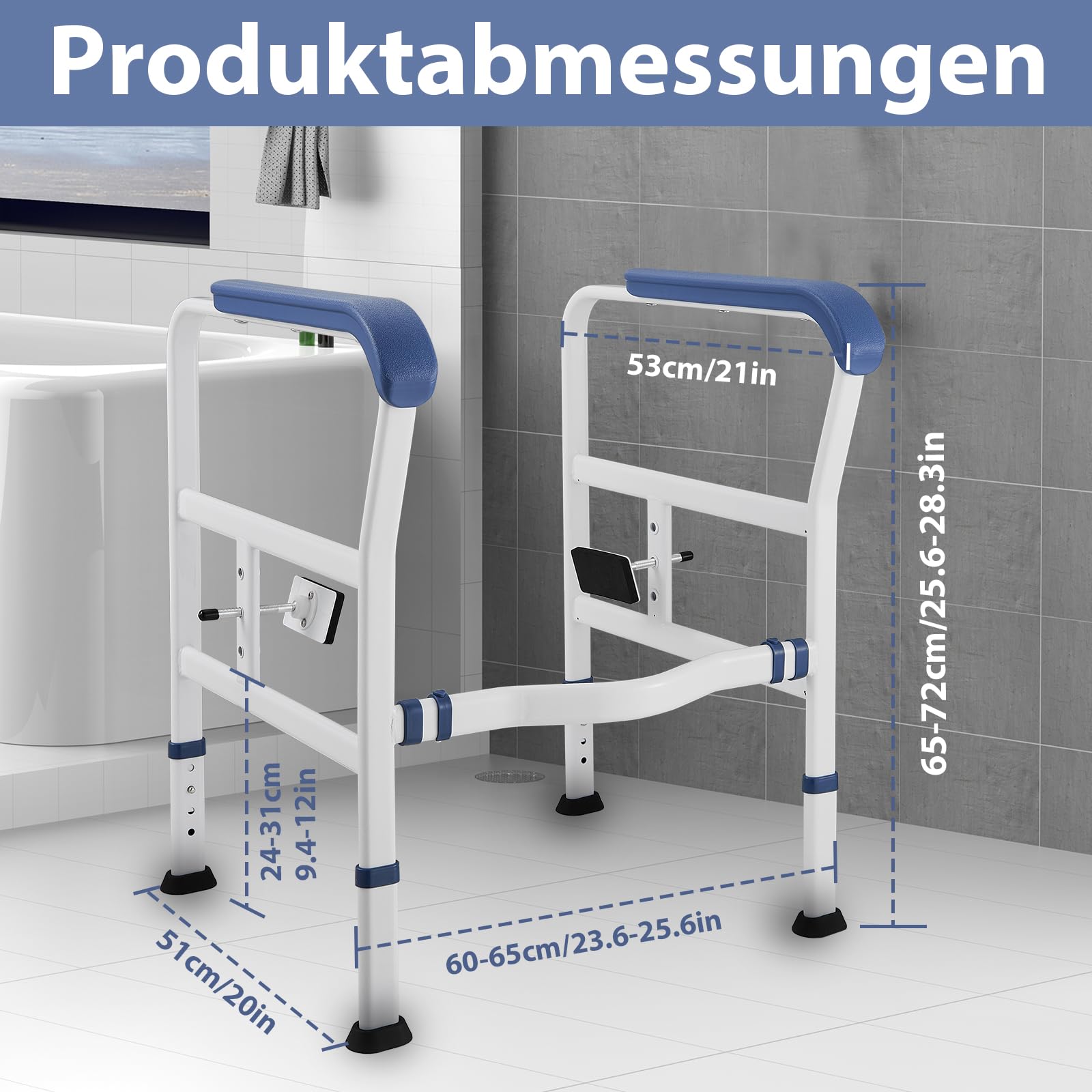 Supporto per WC Montato a Pavimento, Regolabile in Altezza, Telaio di Sicurezza con Braccioli per Anziani/disabili, Senza Foratura