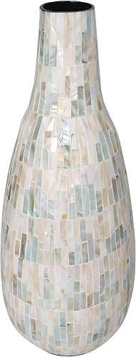 Deco 79 Mother of Pearl Shell Handmade Decorative Vase Mosaic Inspired Centerpiece Vase with Pastel Blue and Pink Accents, Flower Vase for Home Decoration 8" x 9" x 21", White