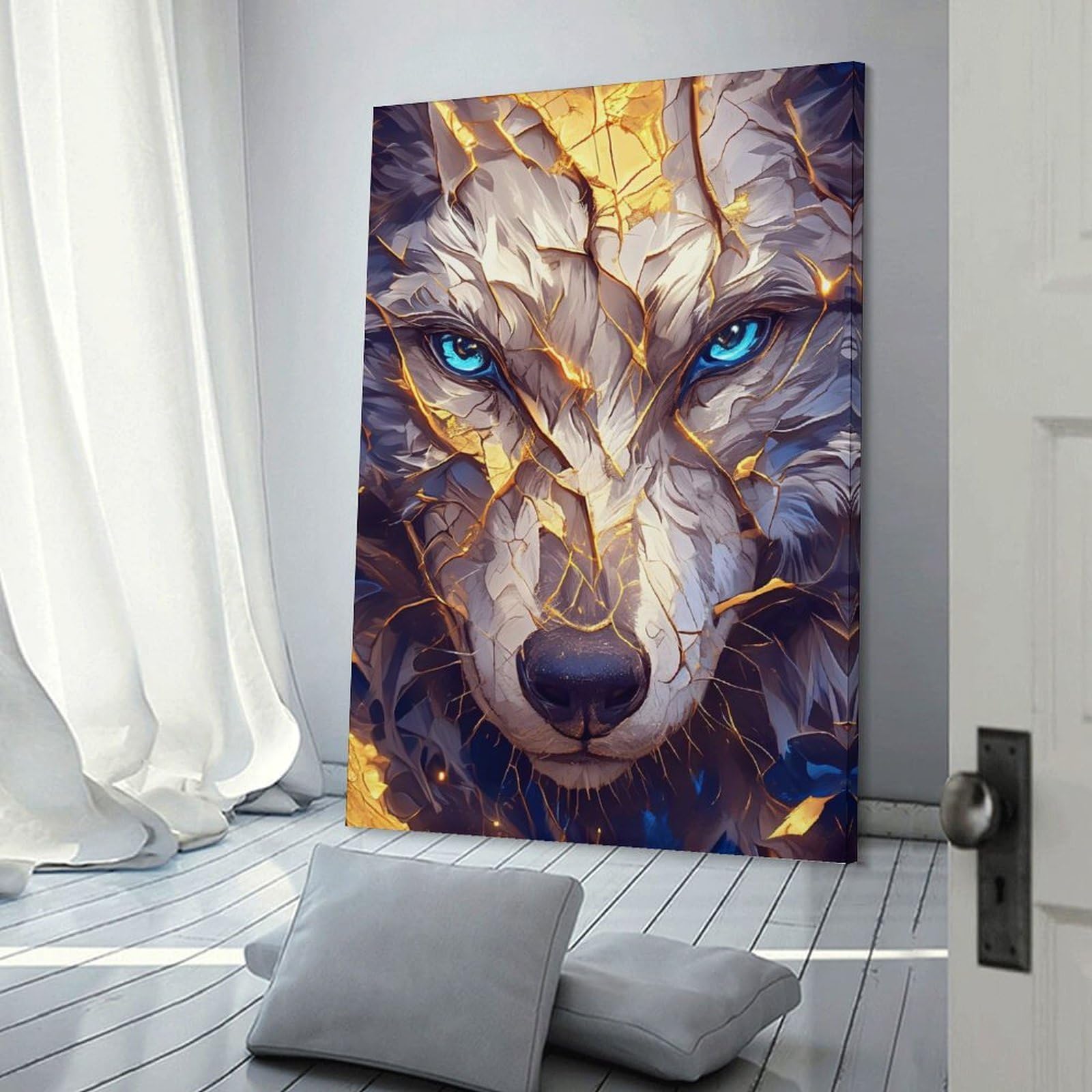 Junmoney Frame-Style-21-1 Wolf Portrait With Golden Veins Wall Picture Print 24X36inch(60X90cm), For Entryway, Lounge Links Or Small Walls, Decorative Wall Art For Narrow Spaces
