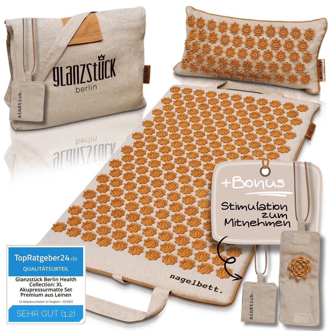 Glanzstück Berlin Health Collection XL Akupressurmatte Set ORIGINAL aus Leinen Massagematte mit Kissen Wärmefunktion Tasche