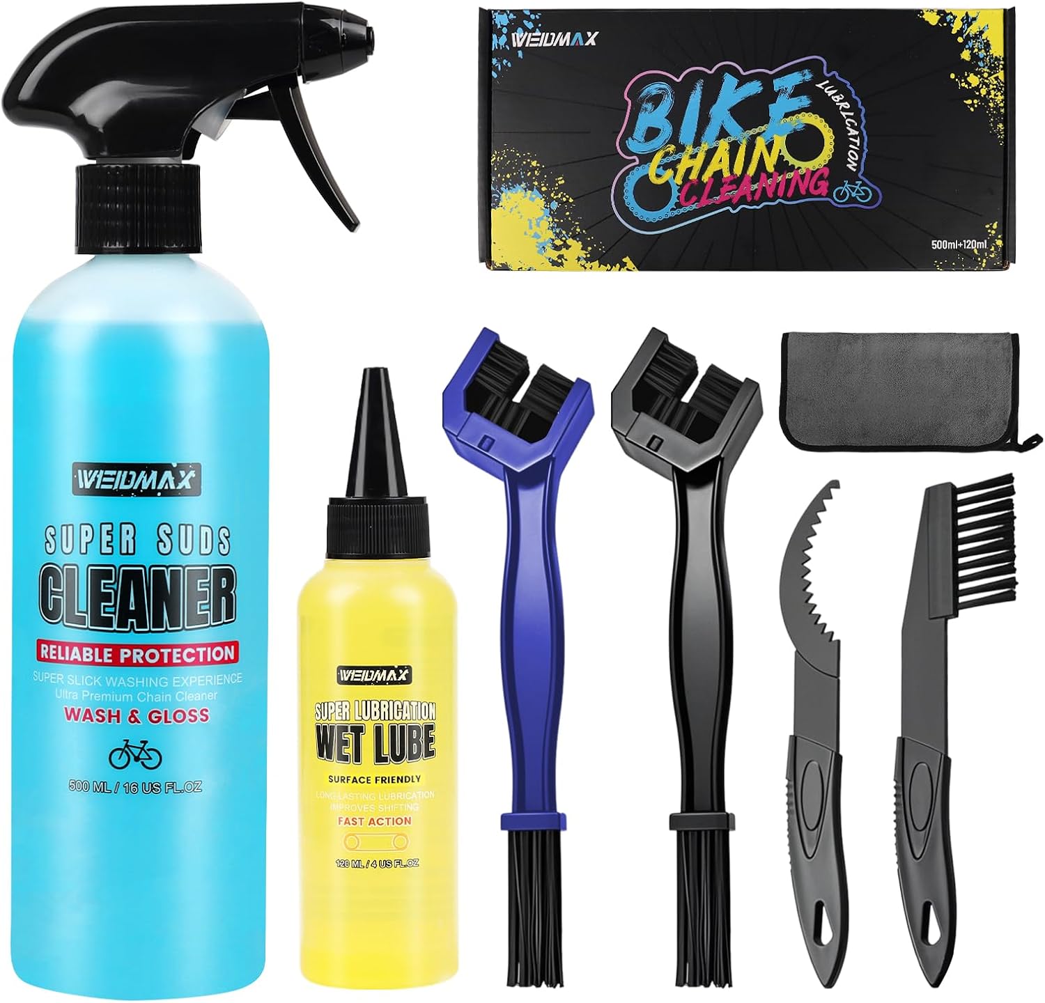 Bicycle Chain Cleaner Set 7 in 1 Bicycle Cleaning Set with 120 ml Bicycle Chain Oil and 500 ml Bicycle Chain Cleaner Spray Bicycle Care Set with Brushes Bicycle Cleaner for All Bikes