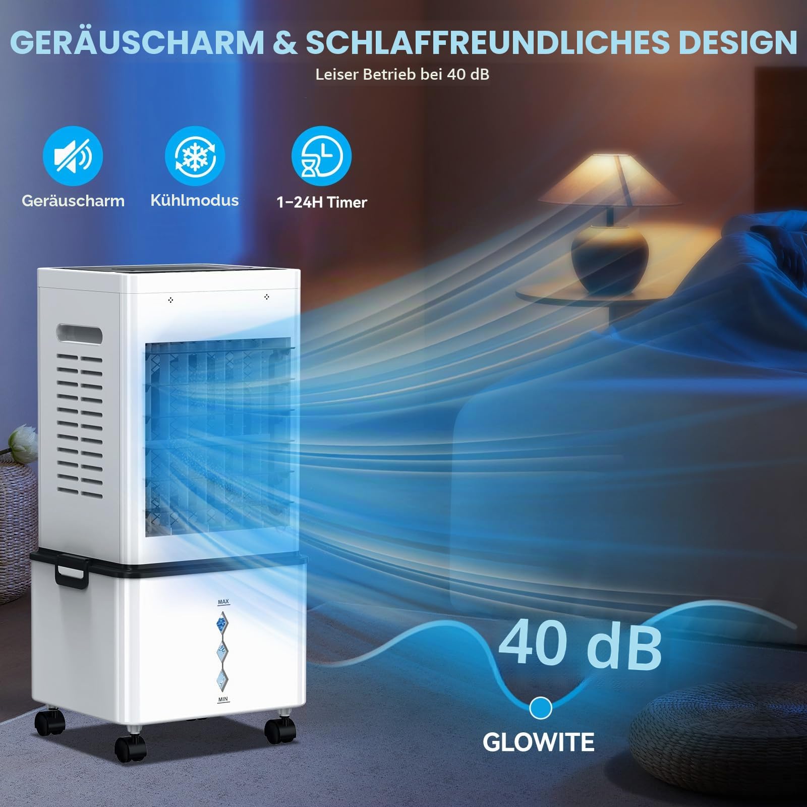 Mobile Klimaanlage, Luftkühler 12L Mobiles Klimagerät ohne Abluftschlauch, Verdunstungskühler mit Fernbedienung, 6 Stufen, 24H Timer, 40 dB Leise, Portable Air Conditioner Räume Büro Schlafzimmer
