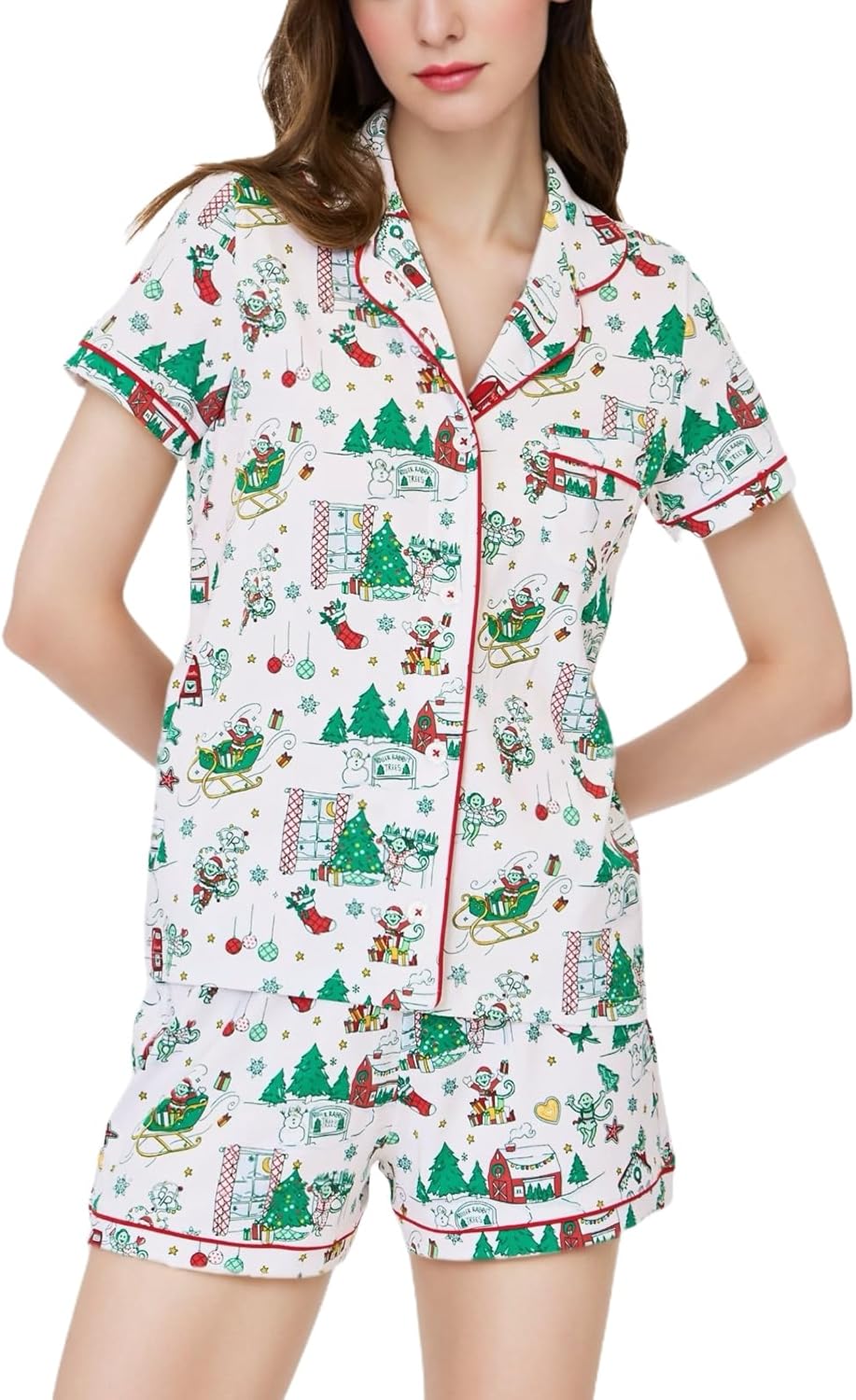 Womens Pajamas Set Button Down 2 Piece Cute Monkey Bunny Y2k Preppy Heart Pjs Sets Lounge Comfy Sleepwear