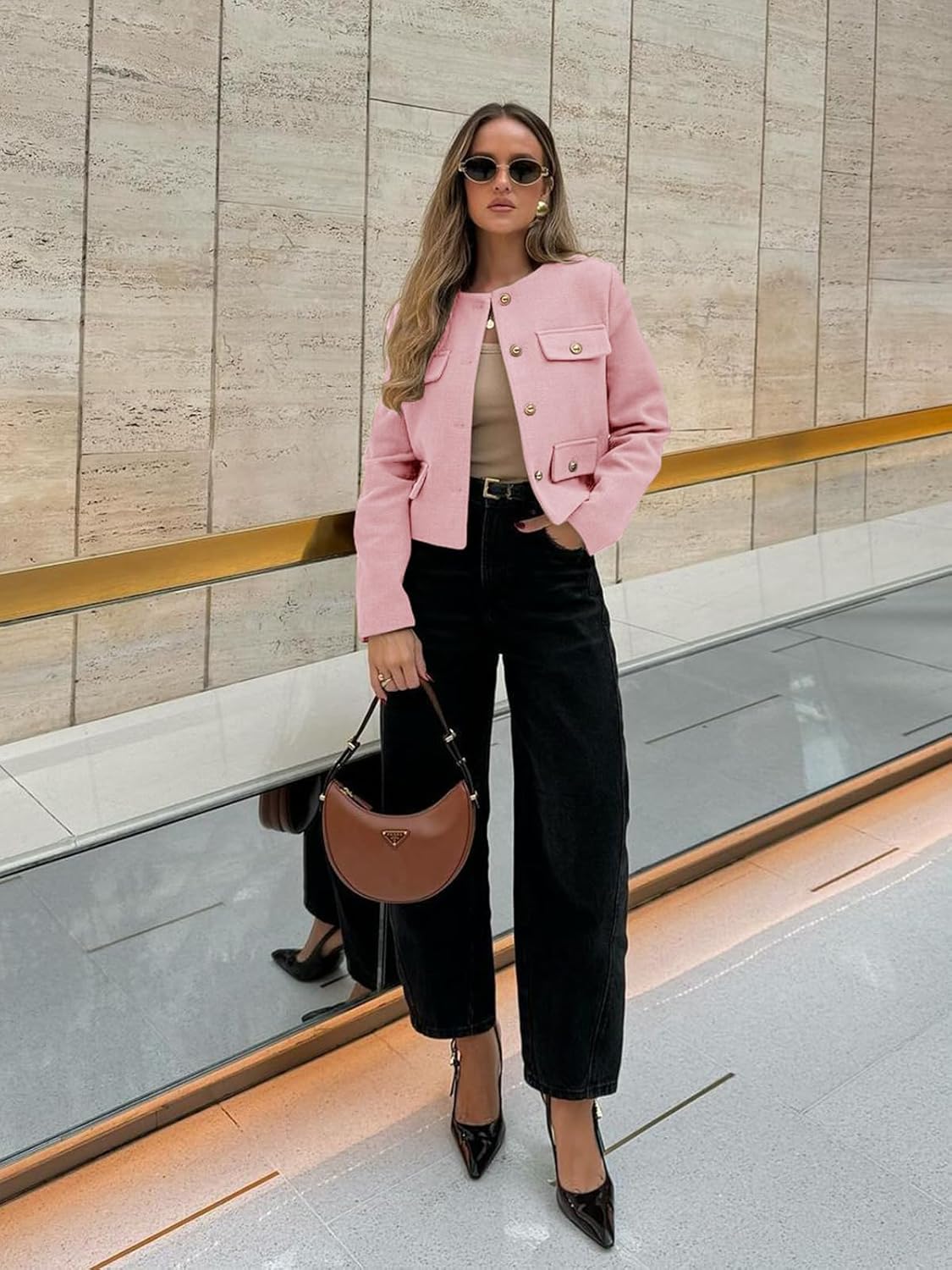 Cicy Bell Womens Cropped Tweed Blazers Jacket Collarless Button Down Business Casual Winter Coats 2026 Spring Outfits