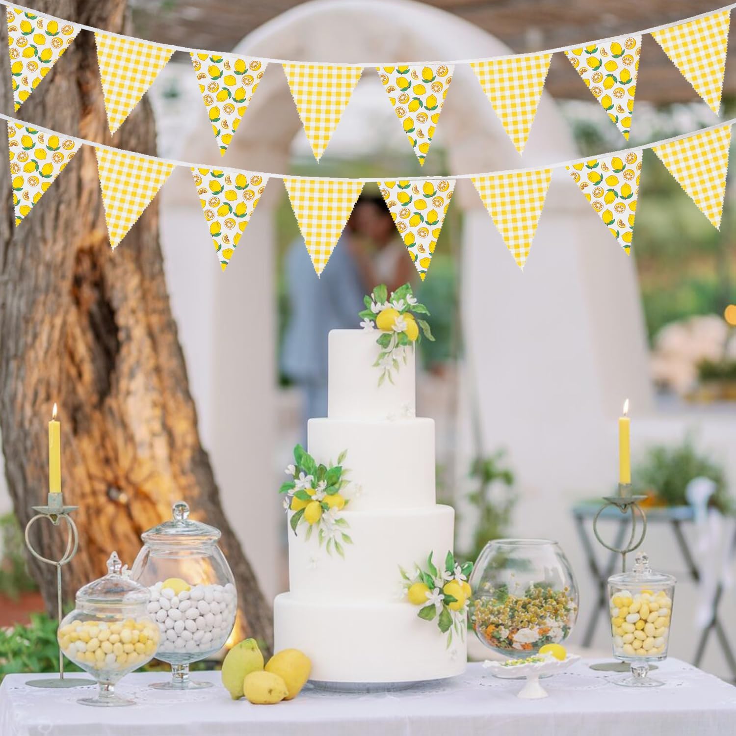 32Ft Lemon Pennant Banners Fabric Yellow Plaid Lemon Triangle Flag Bunting Garland Streamers Summer Lemonade Decor for Wedding Birthday Bridal Shower Bachelorette Baby Shower Party Decorations - Image 7