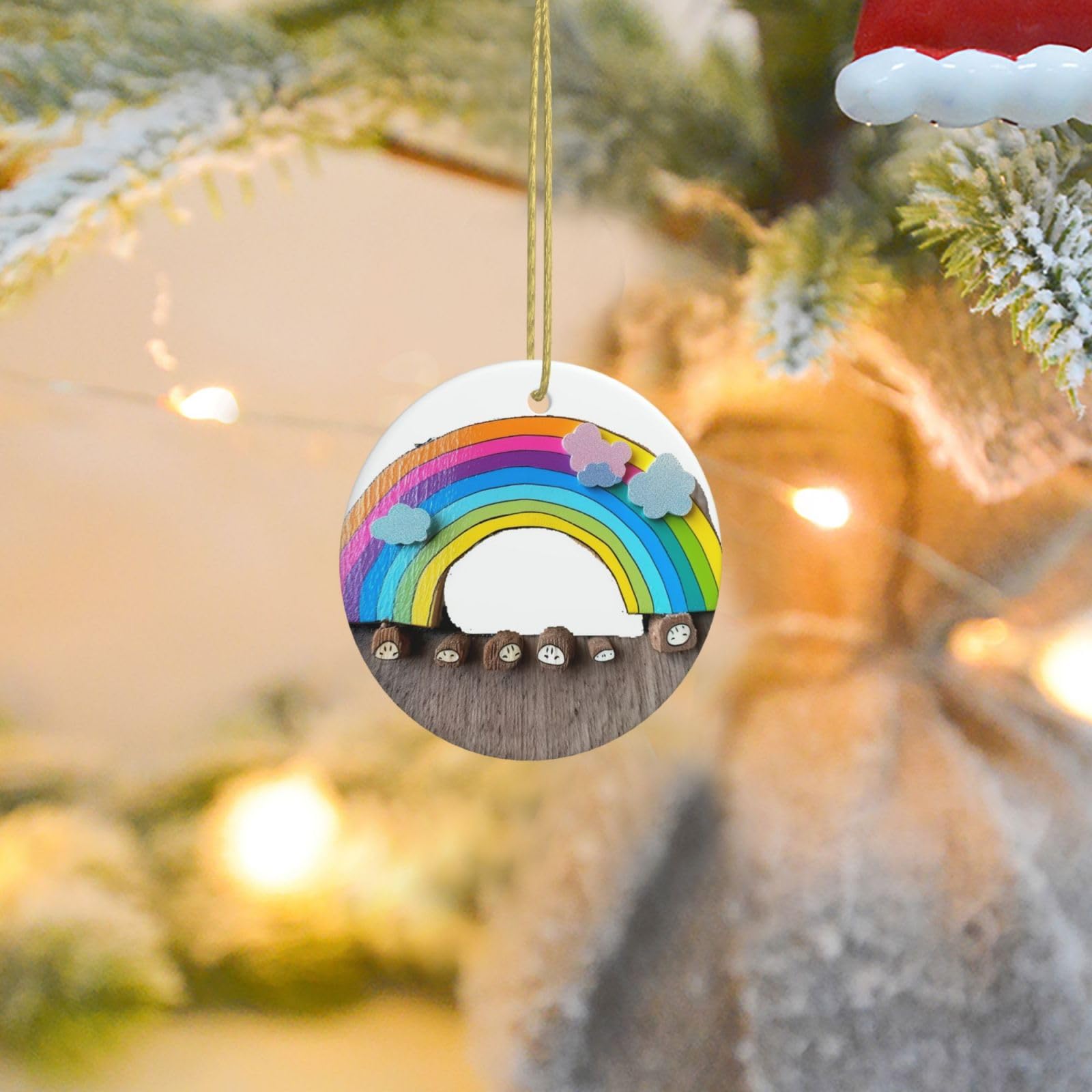 Christmas Ornaments for Christmas Tree Decoration Ceramic Hanging Small Rainbow Ornament with Gold Ribbon Crafts Round Pendant for Keepsake Gifts Glass Xmas Decor Party Supplies