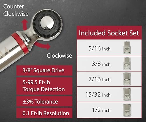 Miniatura 2 de llave dinamométrica-ES3-135CN, llave dinamométrica digital de 3/8 pulgadas, 5-99.5 ft-lbs (6.8-135 N-m) Rango de torsión, pantalla LCD, calibrado