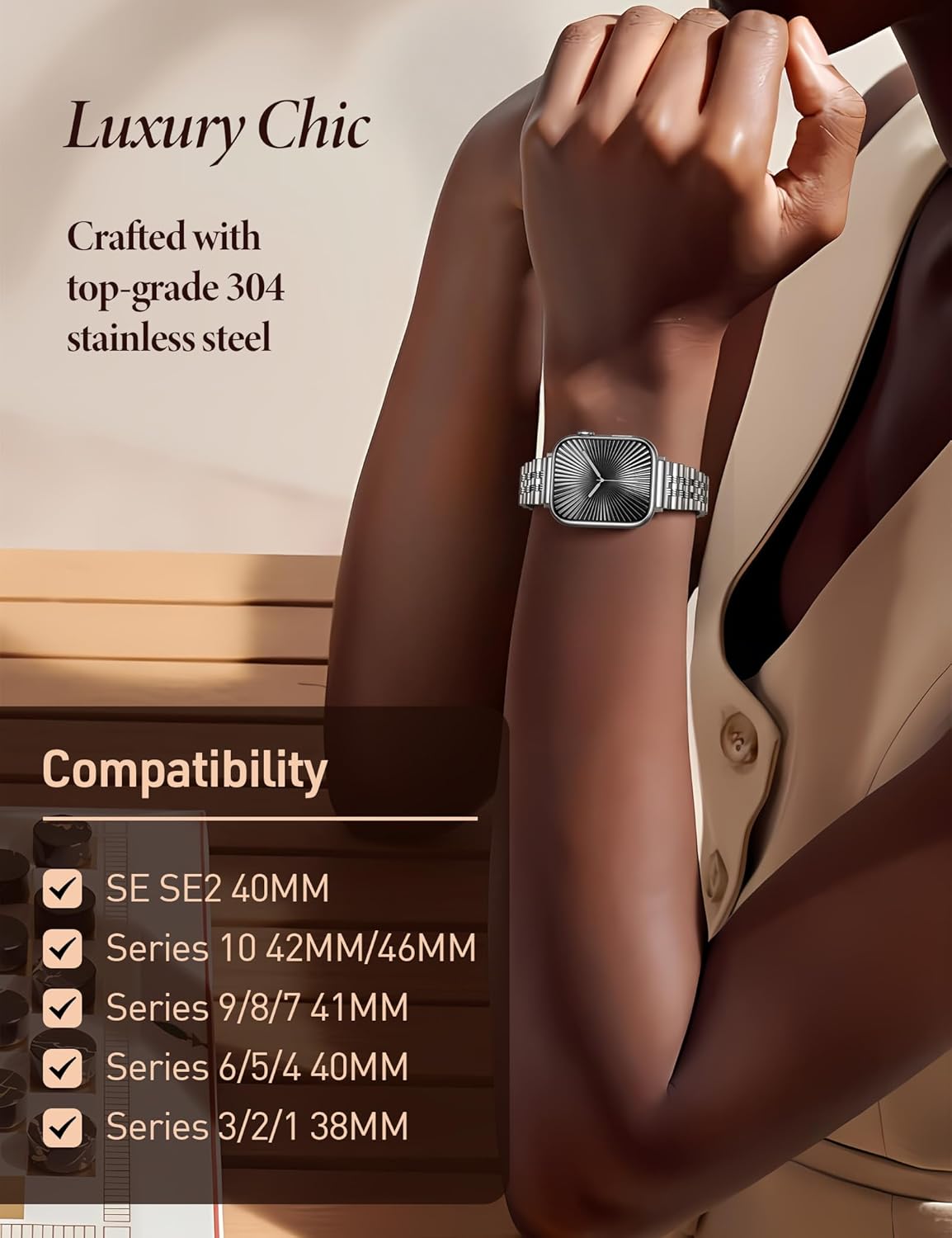 W-RARA Slim Metal Band Compatible with Apple Watch Band 38/40/41/42/44/45/46/49mm, Dressy Elegant Luxury Stainless Steel Engraved Classy Strap for Women iWatch Bands SE Series 11 10 9 8 7 6 5 4 3 2 1 - Image 3