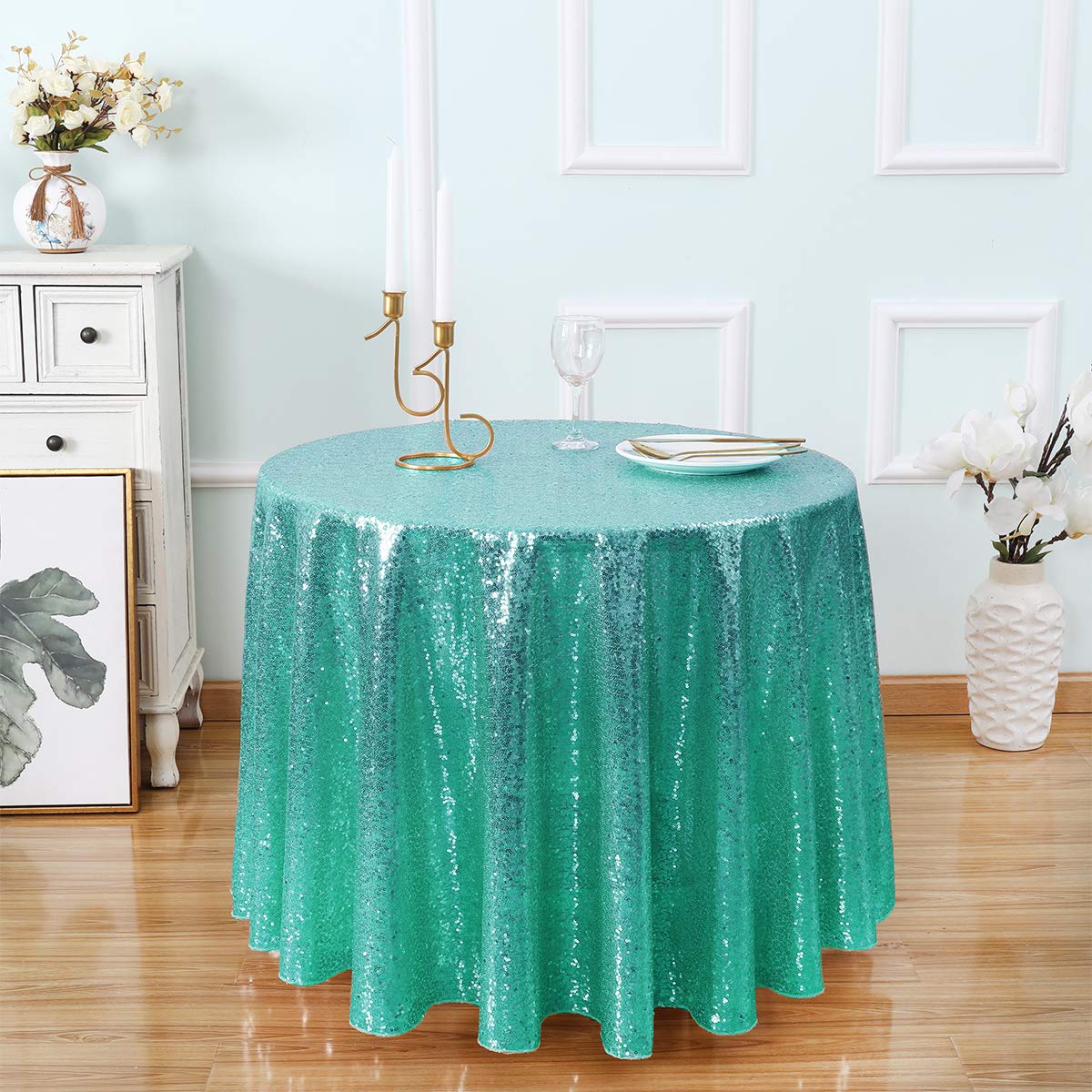 Kirsooku Sage Green Sequin Tablecloth Glitter Sparkly Iridescent Shimmer for Round Table 70 Inch Table Covers Decorations for Birthday Party Halloween Decor Supplies Event Wedding