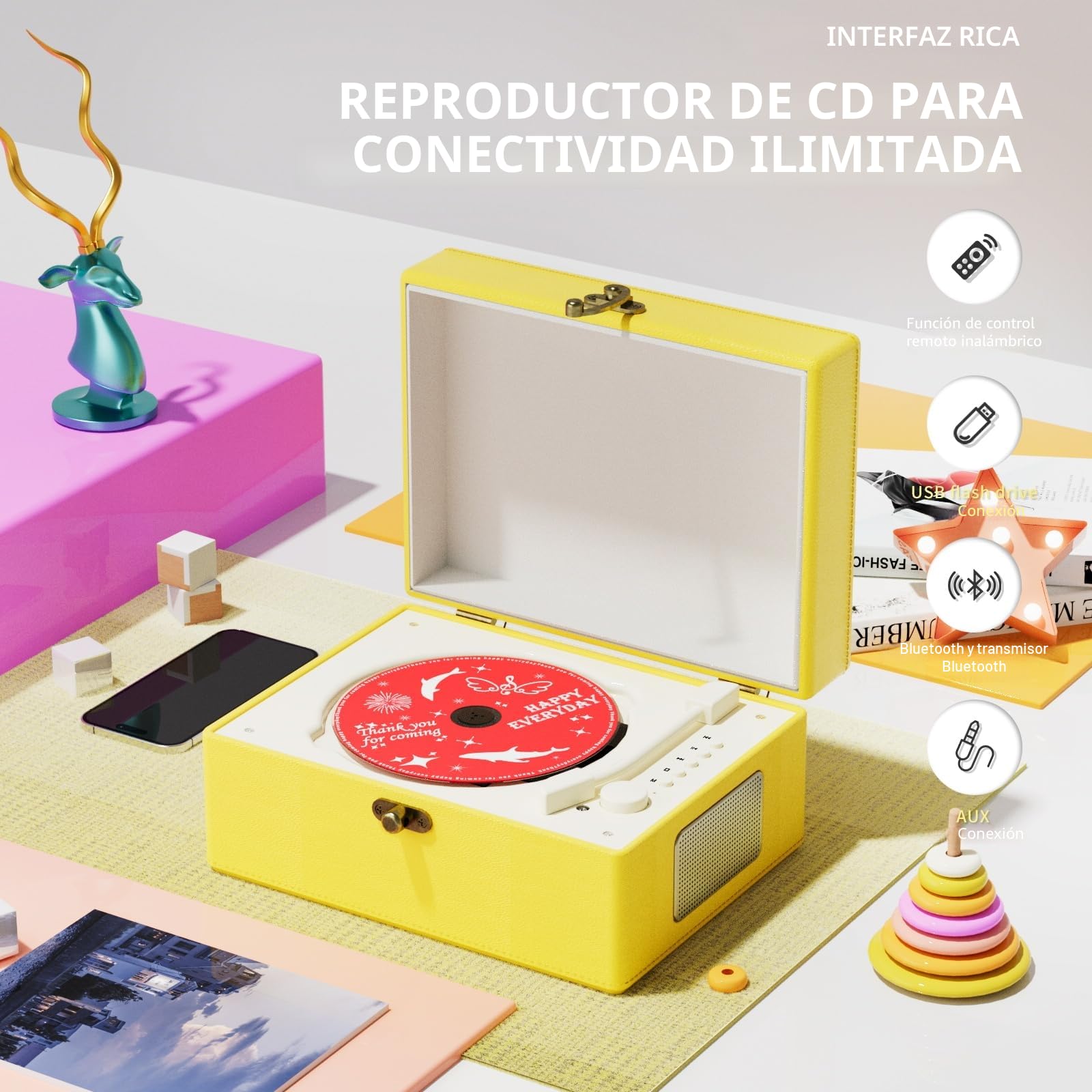 Yintiny Reproductor de CD amarillo