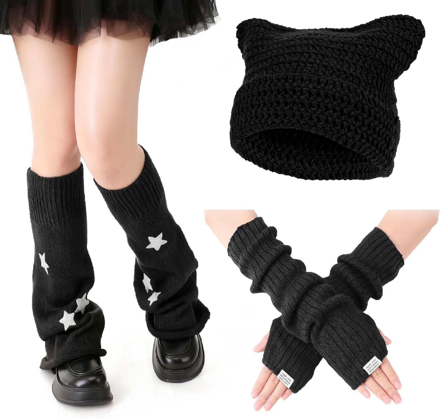Y2K Beanies Crochet Hats for Women, Kawaii Accessories with Arm Warmer Star Leg Warmer for Japanese Harajuke Cosplay Lolita Rave Festival, Anime Cosplay