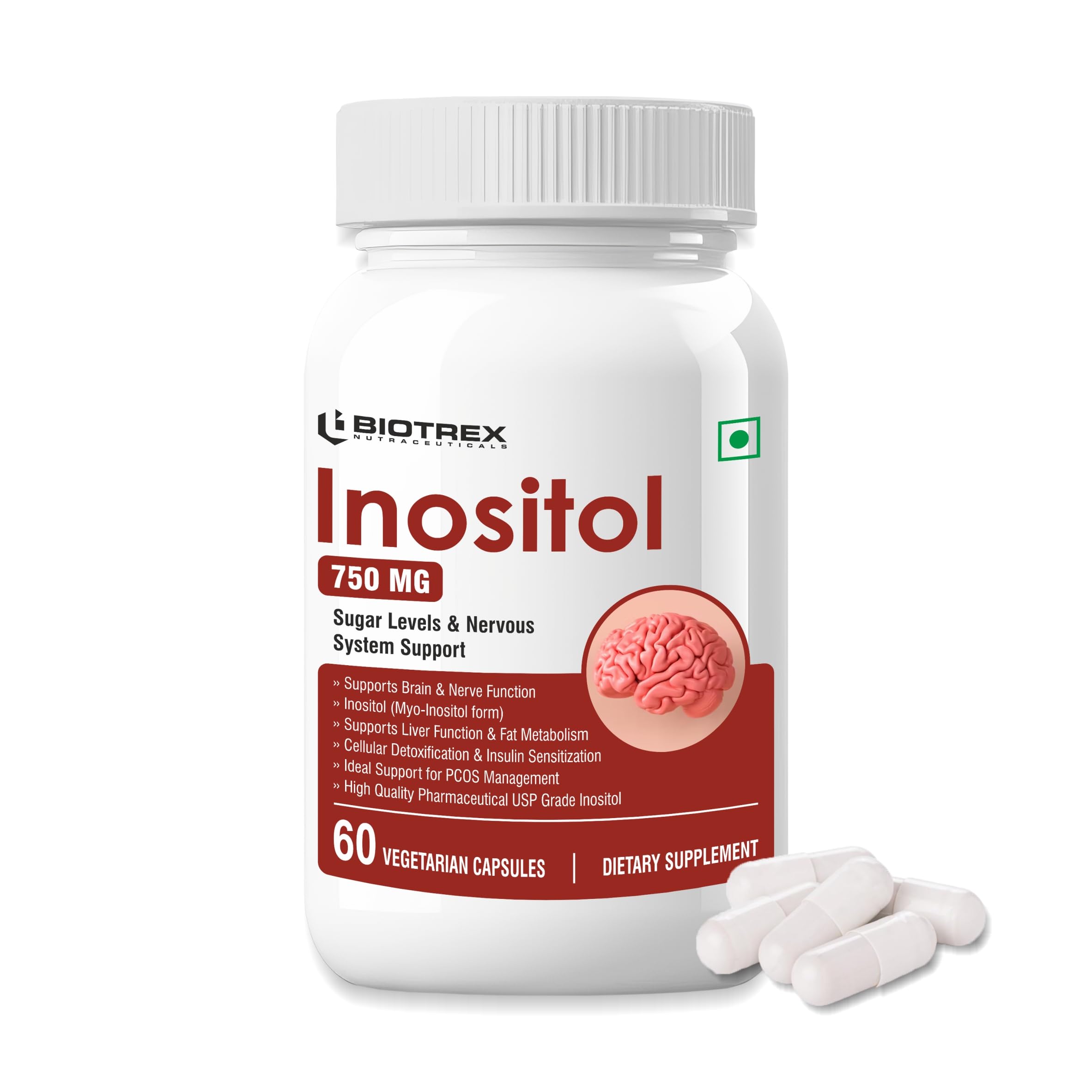 Biotrex Nutraceuticals Myo Inositol 750mg, Pcos, Brain & Nerve Health, 99% High Purity Grade Inositol, Fat Metabolism - 60 Vegetarian Capsules-image-30