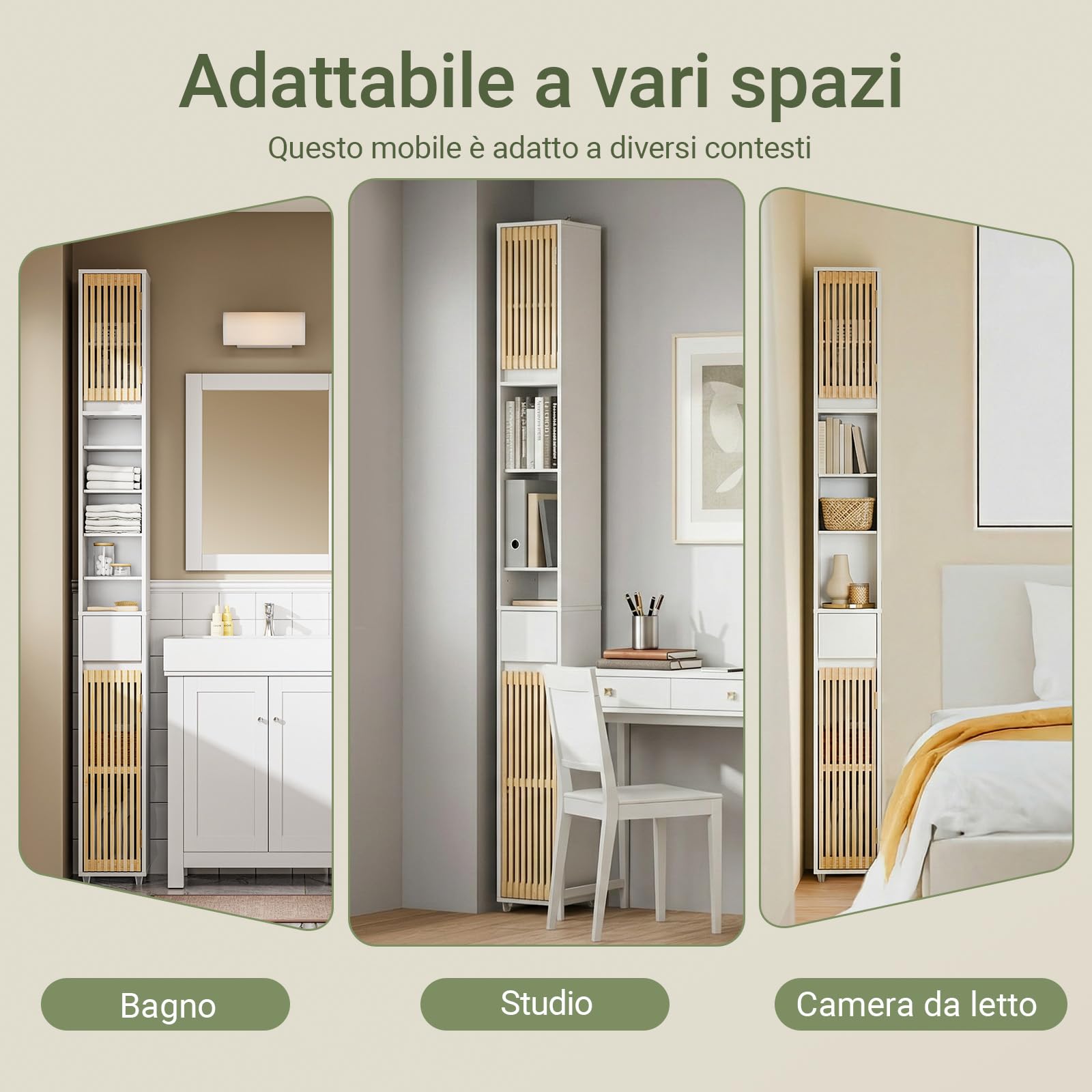 SoBuy Mobile Bagno Salvaspazio Colonna Armadietto Alto con 6 Ripiani Regolabili, Colonna Bagno con Ante in Bambù, Mobile Alto e Stretto per Piccoli Spazi, Bianco, 20x20x180cm, BZR34-BW