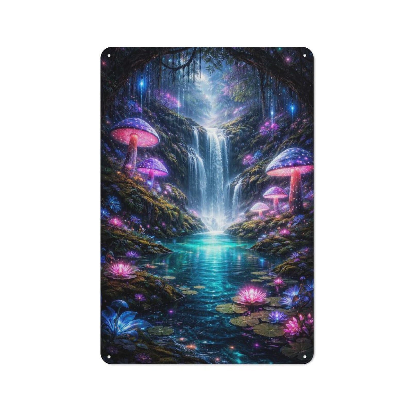 Junmoney Style-18 Rustic Tin Sign 30X20cm Featuring Forest Waterfall With Glowing Mushrooms For Garage Or Workshop, For Garage, Workshop And Man Cave Decoration