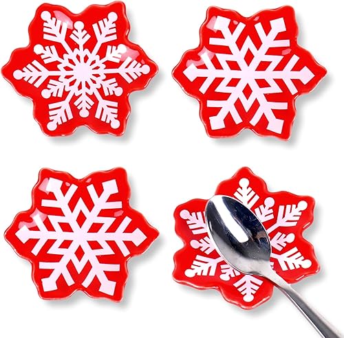 Whaline 4 piezas de 2.6 pulgadas de invierno mini cuchara de cerámica soporte rojo blanco copo de nieve pequeño cuchara de café soporte para Navidad