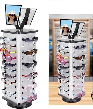 Rotating Sunglasses Display Stand Rack with Mirror, 44 Pairs Sunglasses Holder Eyeglass Display, Sunglass Carousel Racks, Eyeglass Display Stand Rack, Eyewear Holder Display for Home or Glasses Shop