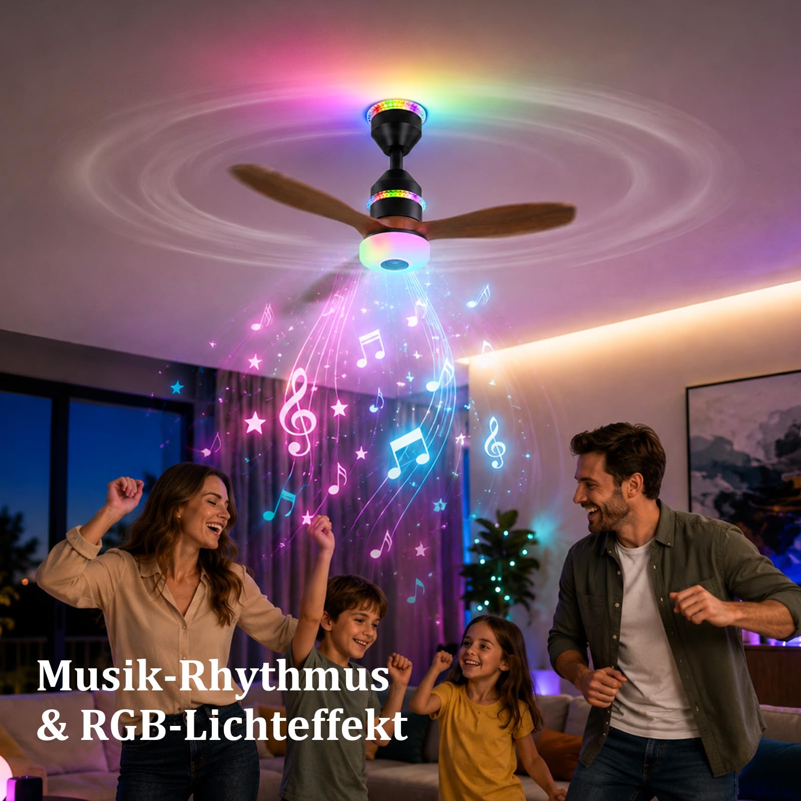 Smart Deckenventilator mit Beleuchtung, Bluetooth-Musik, Ø61cm RGB Dimmbar Deckenleuchte mit Ventilator, 3000-6500K, 3 Geschwindigkeit, Reversibel DC, für Schlafzimmer Kinderzimmer Garage