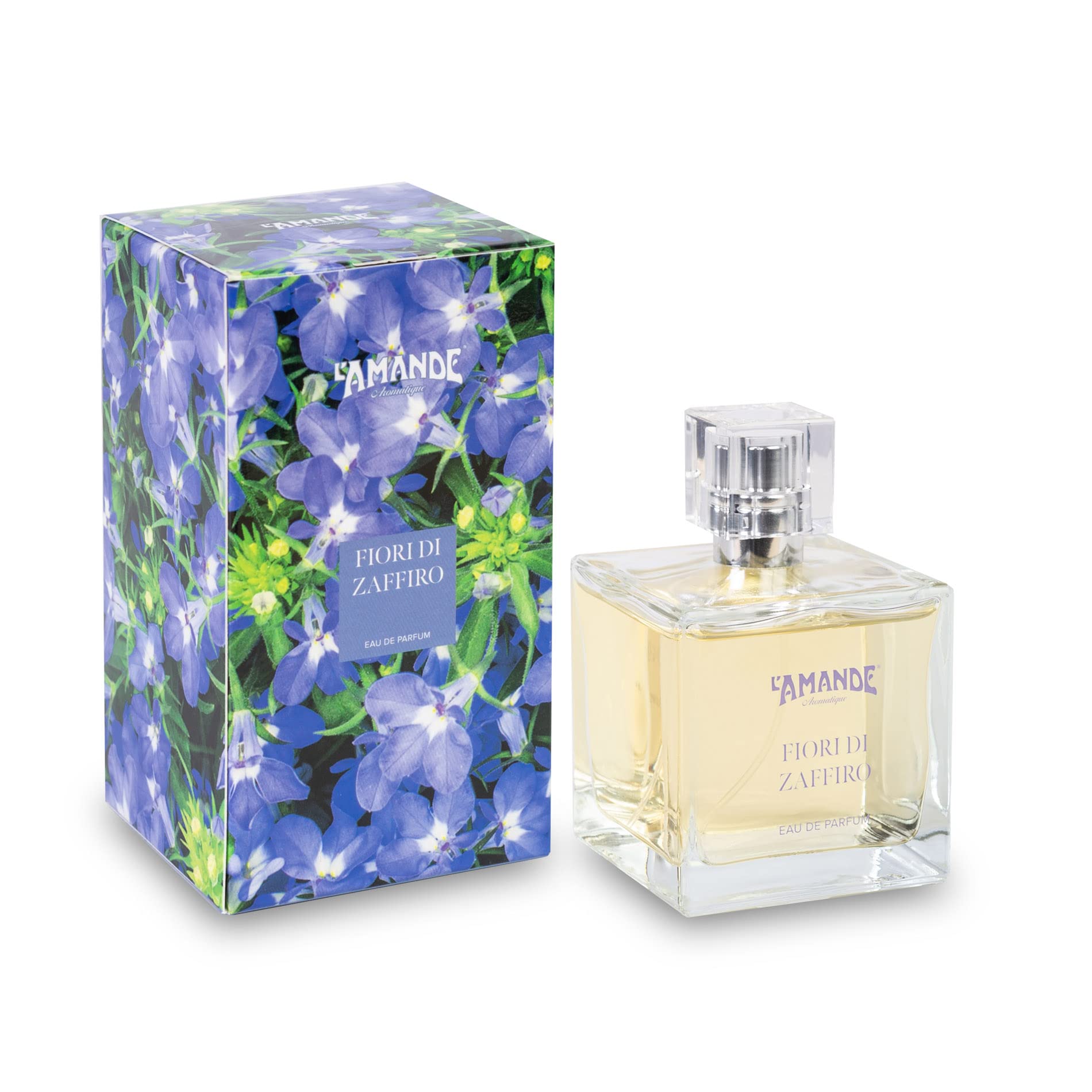 L'AMANDE - Profumo Donna Fresco e Agrumato con Note di Mandorle e Caramello, Profumo Donna con Profumi di Vaniglia e Bergamotto, Eau de Parfum Sentori Fioriti - Fiori di Zaffiro, 100 ml