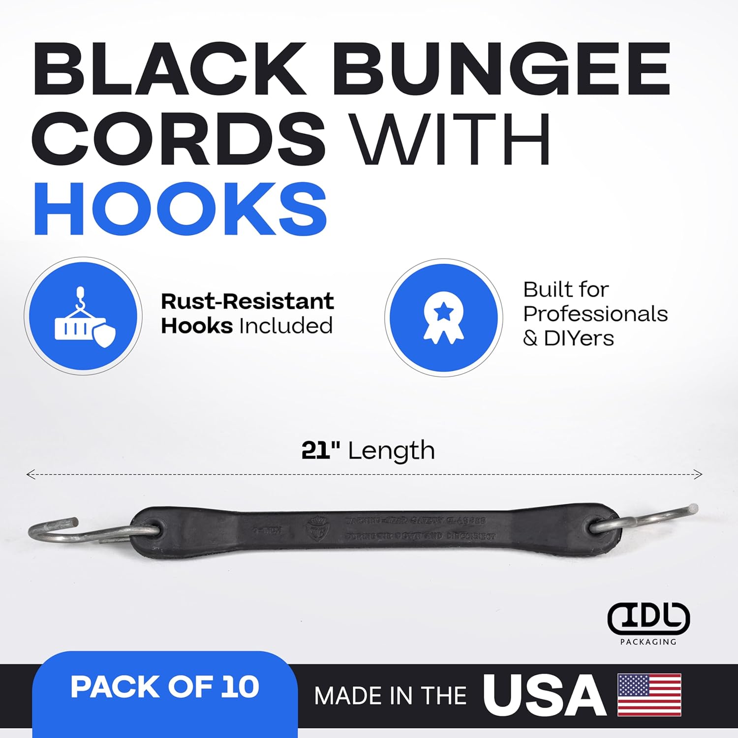 21-inch Bungee Cords with Hooks, 10-Pack - USA-Made 100% EPDM Tarp Straps with Metal Crimped S Hooks - Heavy-Duty Black Bungee Cord for Outdoor, Canvas Canopies, Motorcycle & Cargo by IDL Packaging