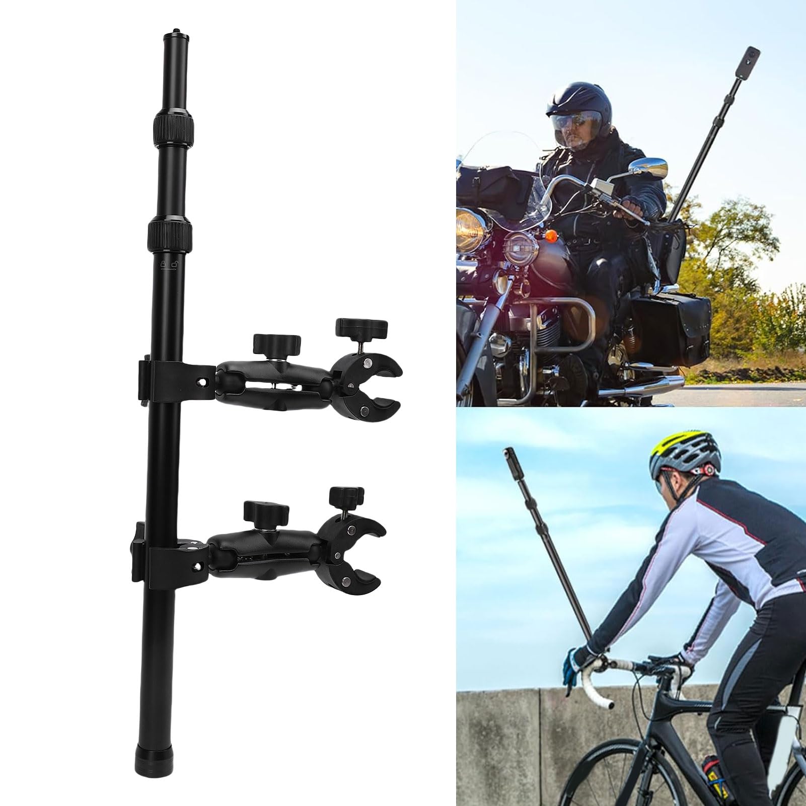 Yctze Zestaw do montażu kamery motocyklowej, uchwyt na kierownicę rowerową, podwójny zacisk z 47-calowym kijem do selfie Stick do kamer sportowych Insta360 GO 2 GO 3 X3 X4 ONE X2 RS R