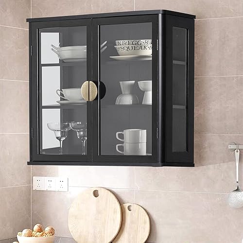 Miniatura 7 de NEWOWNDS Vitrina con puertas de cristal, gabinete de pared de cocina de 28 pulgadas con marco lateral redondo y estantes ajustables, gabinete de