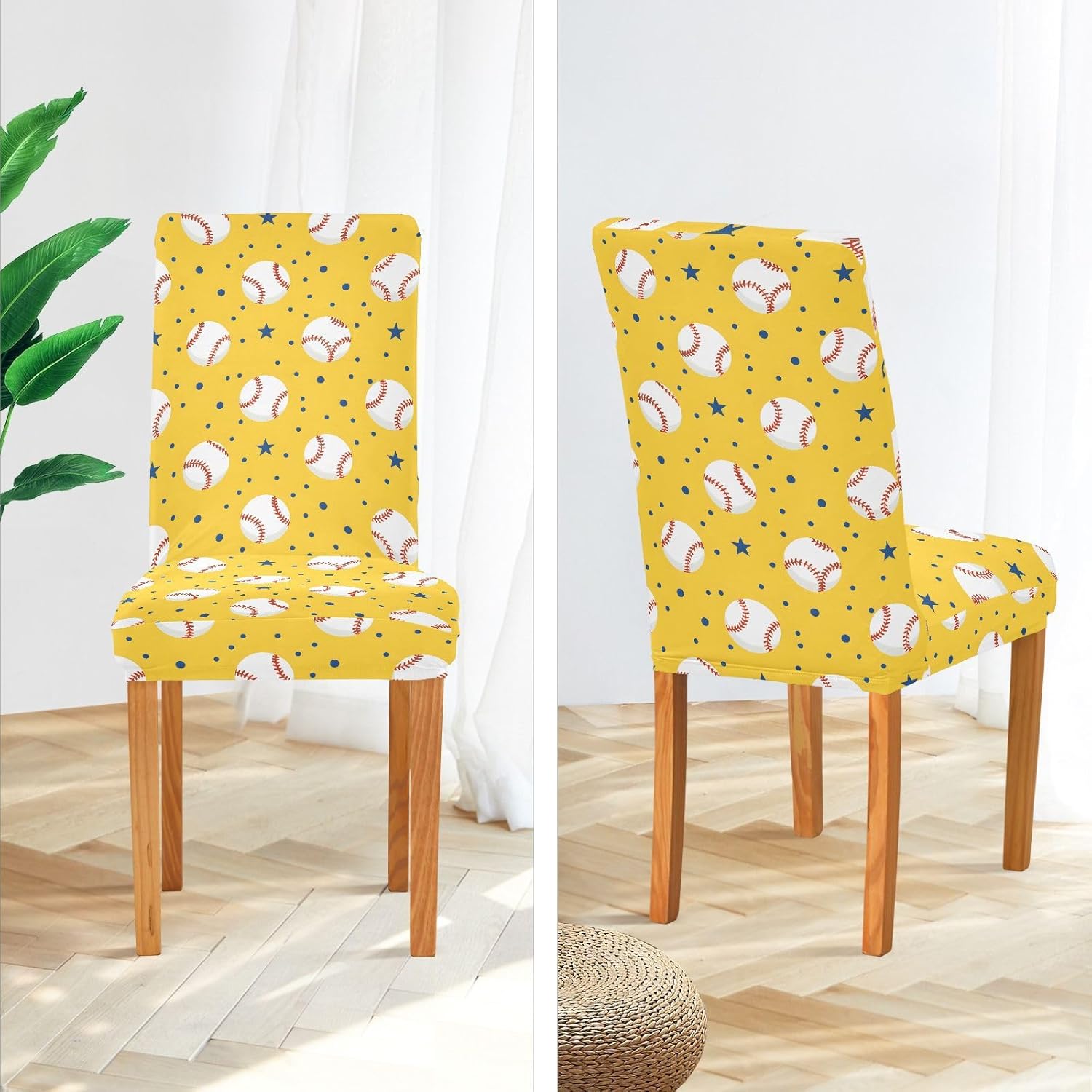 ALAZA Chair Covers for Dining Room, Baseballs Dotsstars Yellow Background Pattern Stretch Chair Cover Sets Chair Protector Removable Washable for Ktichen Restaurant Hotel