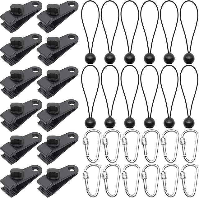 36 Pack Tarp Clips, Heavy Duty Tarp Clips Set with 12 pcs Tighten Lock Grip Thumb Screw Tent Clips +12pcs Carabiner +12pcs Ball Bungee Cords for Holding Up Tarp, Canopy, Car, Boat, Pool Cover