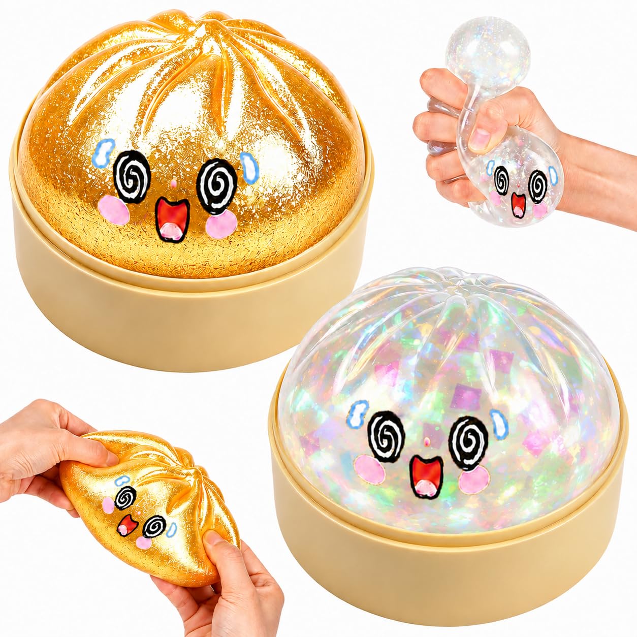 Glitter Squishy Bao Dumpling, 2Pcs Mystery Dumplings Squishyies Fidget Toys, Giant Squishys Sensory Toys Stress Balls for Kids Adults Autism Adhd, Fufu Taba Squishies Bao Bun for Anxiety Relief