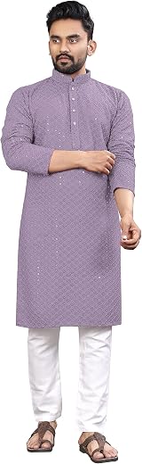 ALMORA Mens Sequin Embroidered with Mirror Work with Mirror Work Cotton Black Kurtas for Men