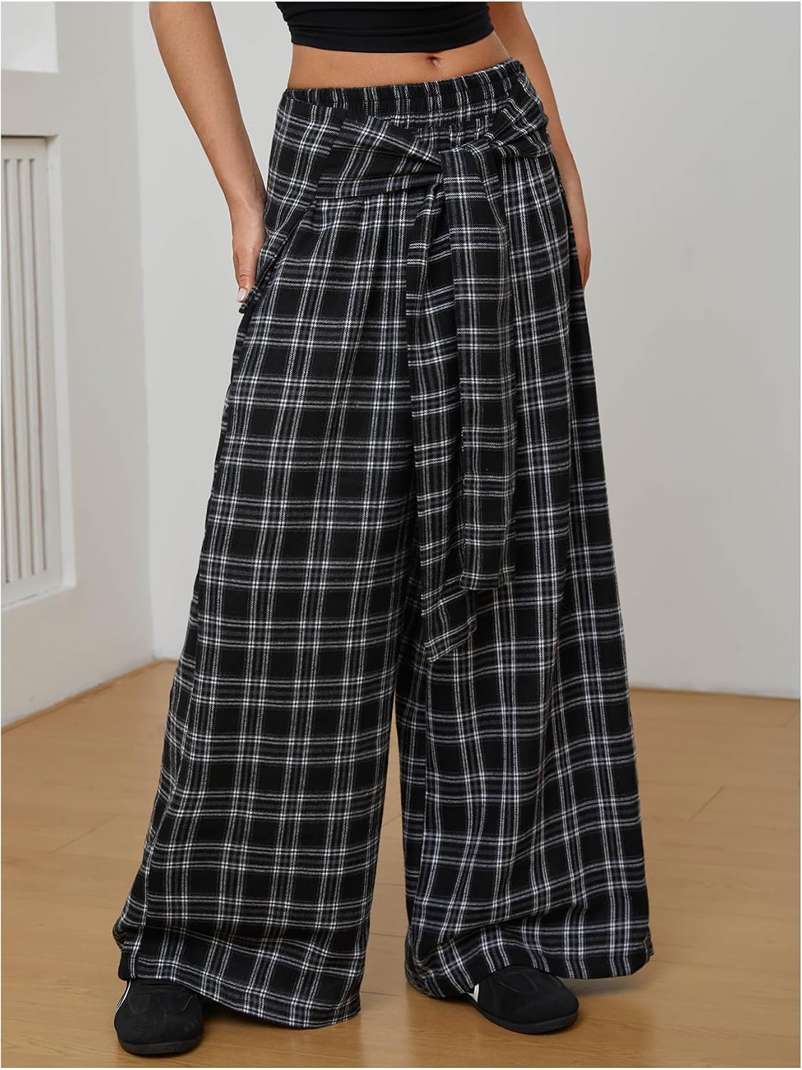 SHENHE Women's Y2k Plaid Baggy Pants Elastic Waist Knot Front Hip Hop Dance Pants Trousers