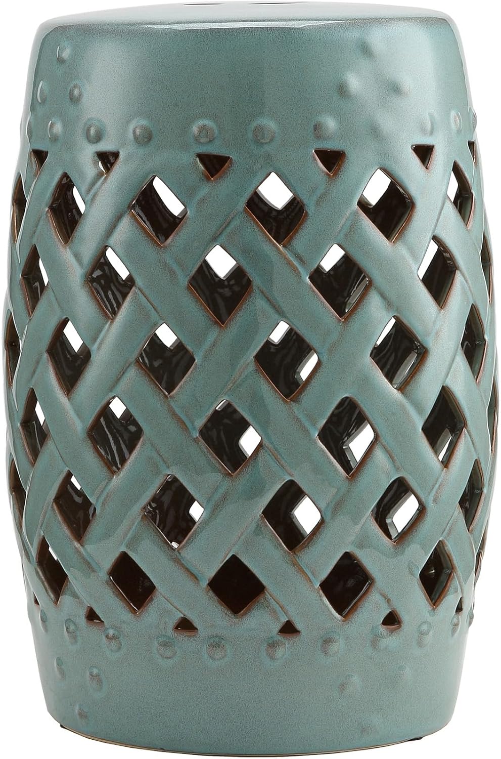 13" x 18" Ceramic Garden Stool, Decorative Side Table with Woven Lattice Design, Glazed Outdoor Patio Accent Stool (Green)