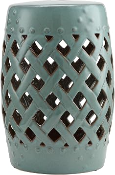 13" x 18" Ceramic Garden Stool, Decorative Side Table with Woven Lattice Design, Glazed Outdoor Patio Accent Stool Antique Blue