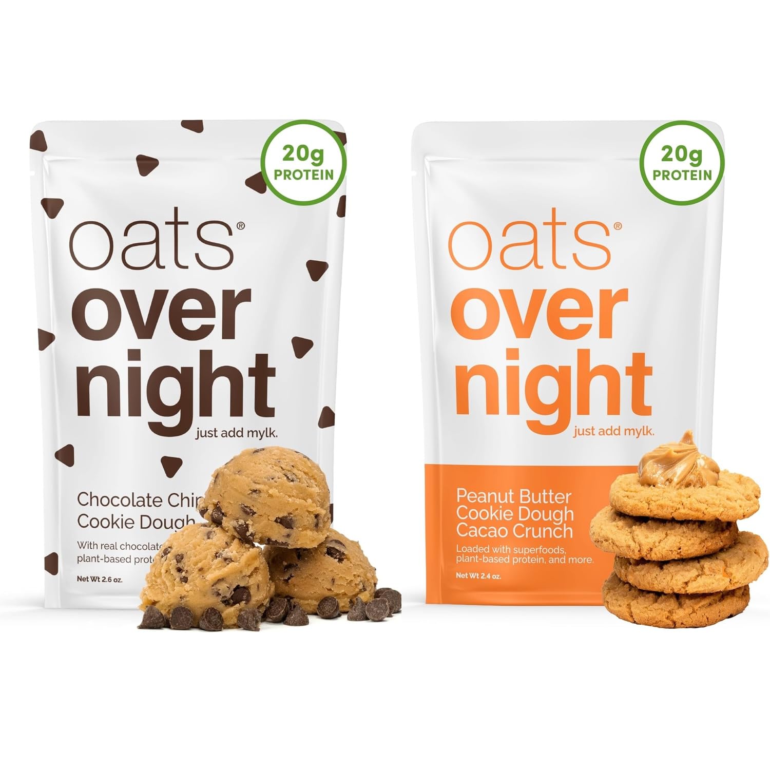 Oats Overnight Chocolate Chip Cookie Dough 8 Pack & Peanut Butter Cookie Dough Cacao Crunch 8 Pack - Vegan, 20g Protein, High Fiber Breakfast Shake - Gluten Free, Non GMO Oatmeal