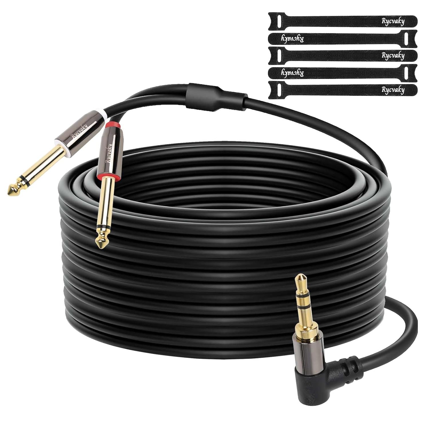 1/8 to Dual 1/4 Male Audio Y Cable,Right Angle 3.5mm TRS to 2 x 6.35mm TS Mono Y Splitter Stereo Cable, Oxygen-Free Copper, for Recording, Mixer, Speaker, Electric Guitar,100ft, 1 Pack