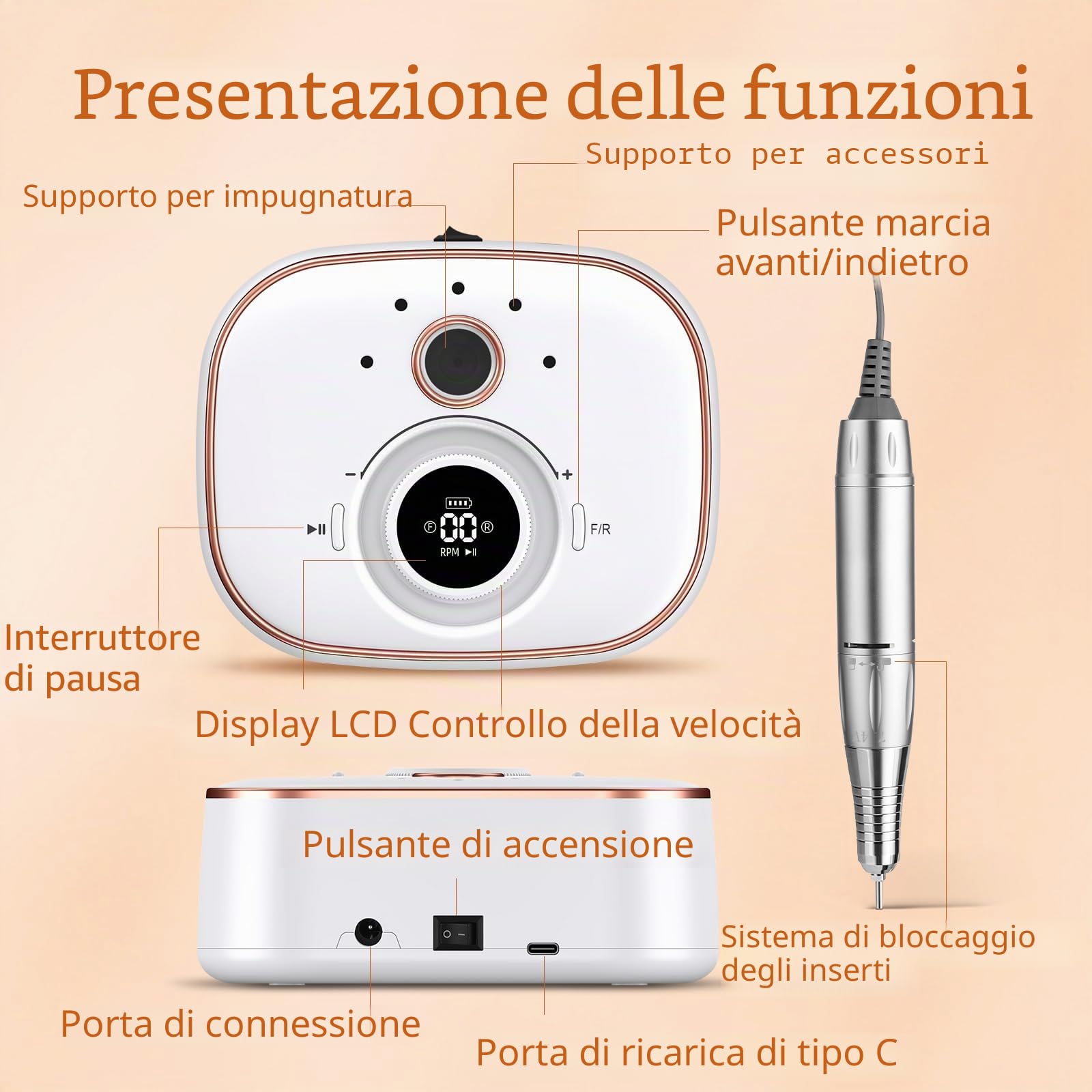 CIVPOWER Fresa per unghie in gel: fresa elettrica professionale 35000 giri/min, con batteria da 4000 mAh, 13 in 1, fresa per manicure e pedicure