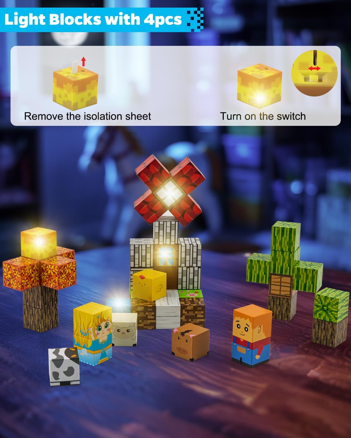 Magnetic Blocks Christmas Birthday Gift for 3 4 5 6 7 8 Year Old Boys Girls, Travel Toys with Light-Up Cubes, Magnet Building Blocks Educational Learning Toys for Kids Toddler(Forest & Construction)