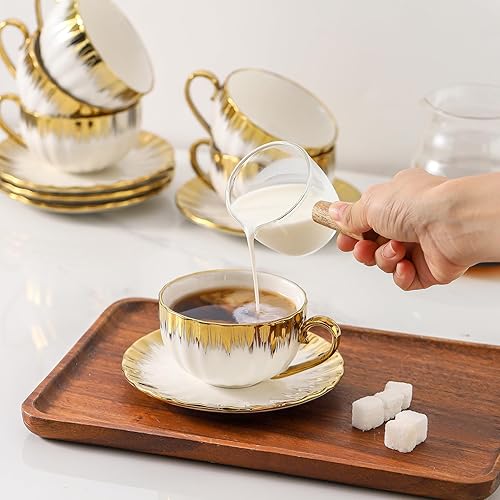 Miniatura 7 de LETAOTAO Tazas de capuchino con platillos, juego de tazas de café doble de porcelana de 7 onzas, tazas de café turco de cerámica con borde dorado