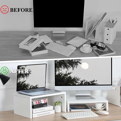 Miniatura 7 de TEAMIX Soporte elevador de monitor blanco ajustable, paquete de 2, soporte ajustable de madera de 2 niveles para 2 monitoresportátilPC