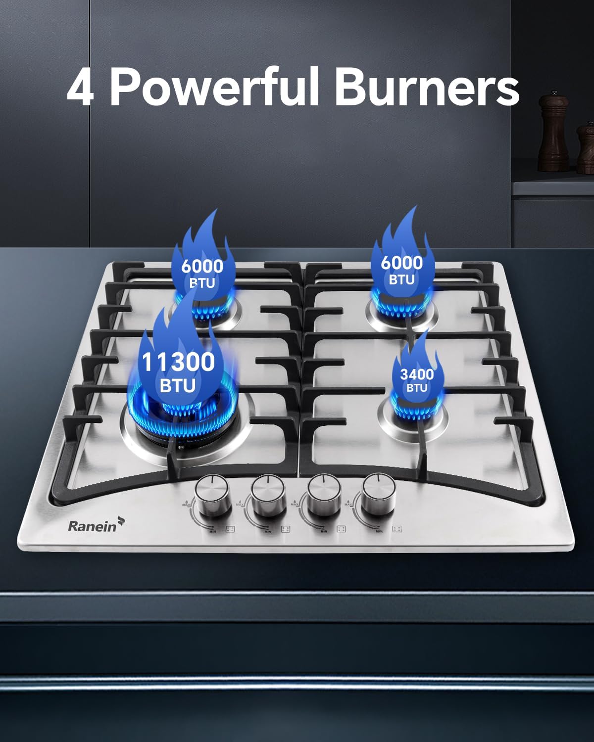 Ranein 24-Inch 4 Burner Gas Cooktop Stove Top, Built-In Gas Stove, 304 Stainless Steel Panel, NG & LPG Convertible, Compact Cooking Stove for Apartment, Indoor