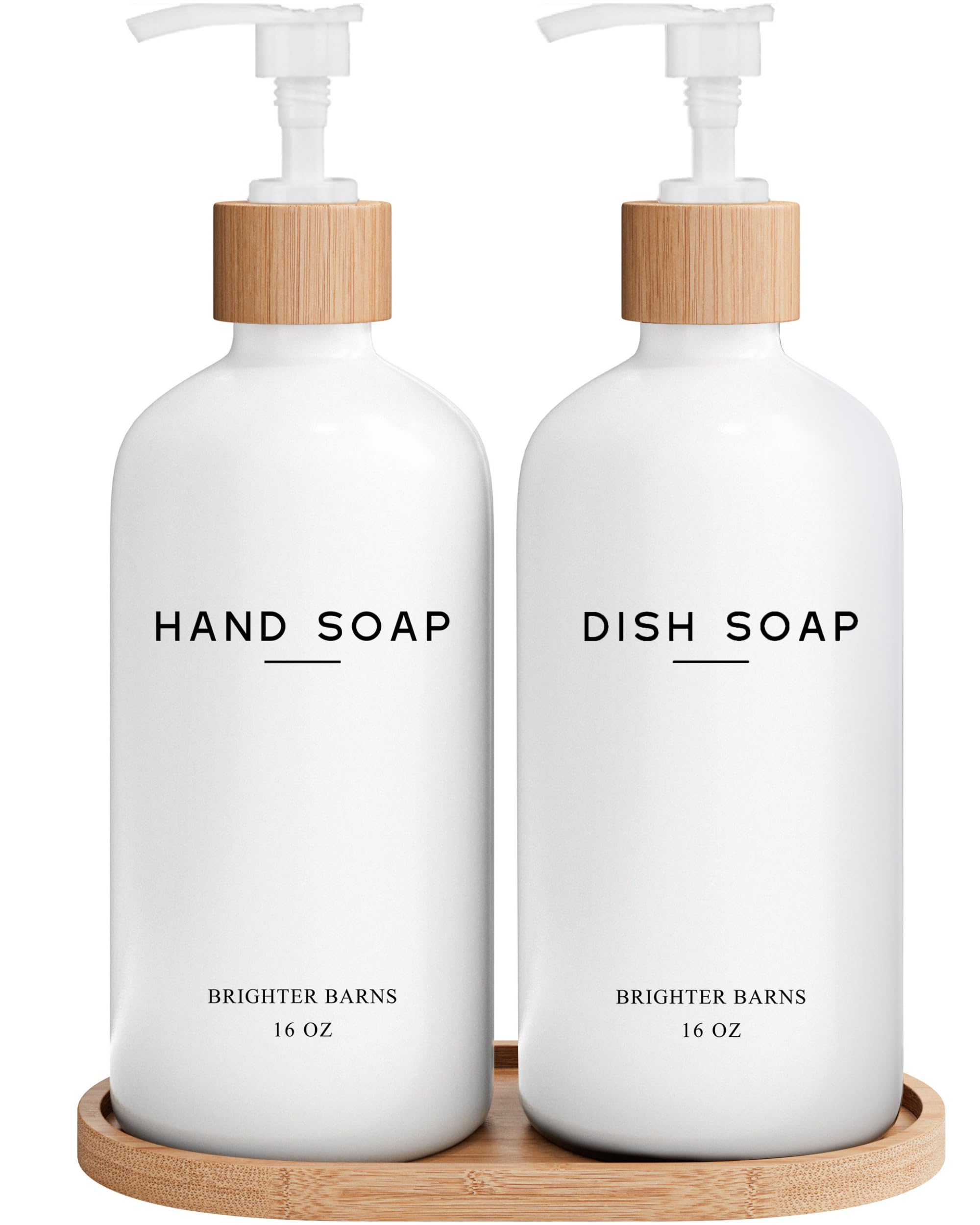 White Glass Hand and Dish Soap Dispenser Set by Brighter Barns - Kitchen Soap Dispenser Set with Tray - Liquid Soap Dispenser for Kitchen Sink - Housewarming Gift, Kitchen Decor, Boho Decor (White)