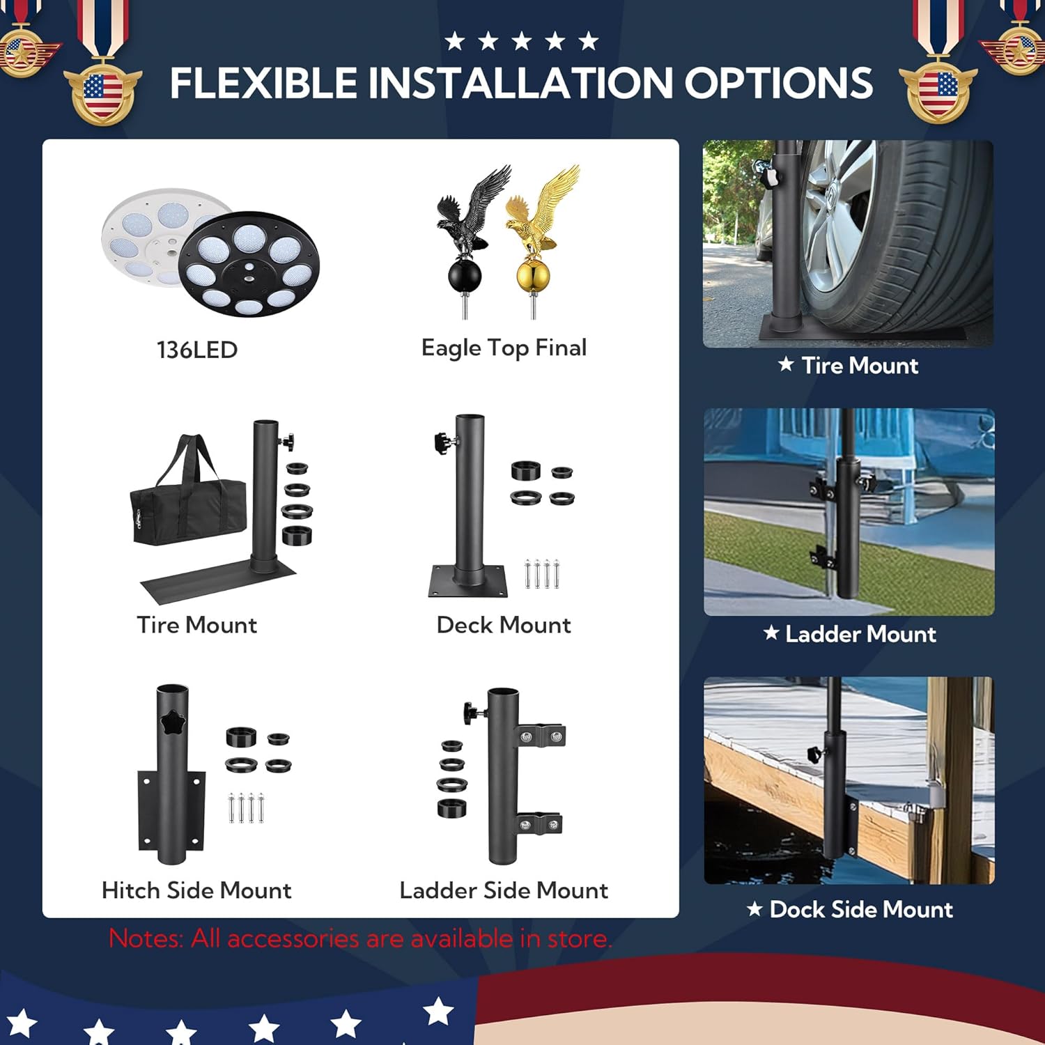 Yescom EZ GO 20ft Telescopic Flag Pole Kit Upgrade Rotating Lock Aluminum Flagpole Set for Outside House Inground Outdoor Camper RV Tailgate Residential Commercial with 3x5' US Flag Ball Top, Silver - Image 9