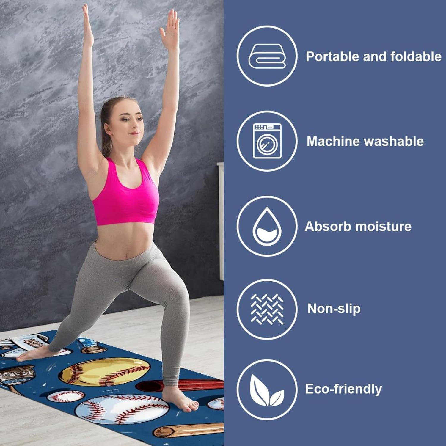 Yoga Towel, Baseball Pattern Non Slip Sweat Absorbent Hot Yoga Mat Towel for Hot Yoga, Pilates and Fitness - 72.8" x 26.8"